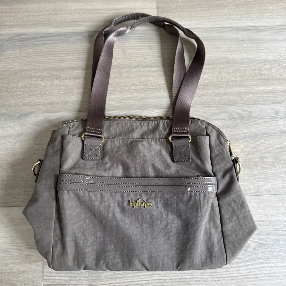 Kipling Dolan Nylon Patent Leather Shoulder Bag Beige Taupe Brown Gold Like New